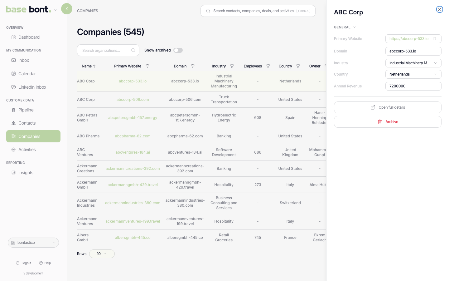 Quick-view drawer on the right side of the companies list with the company's headline fields and an Open details button