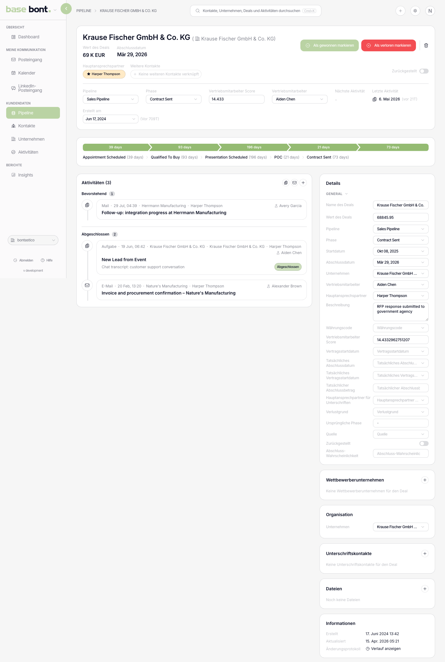 Deal-Detailseite mit Kopfzeile, Stage-Progression-Timeline und Aktivitäten-Feed links sowie Deal/Produkte, Organization, Signing Contacts, Files und Info rechts