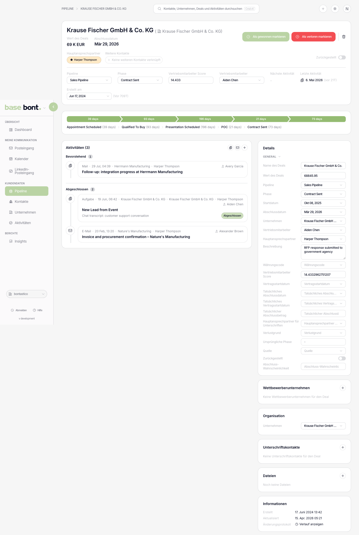 Rechte Sidebar eines Deal-Sheets mit Karten für Deal & Products, Competitor Companies, Organization, Signing Contacts, Files und Info