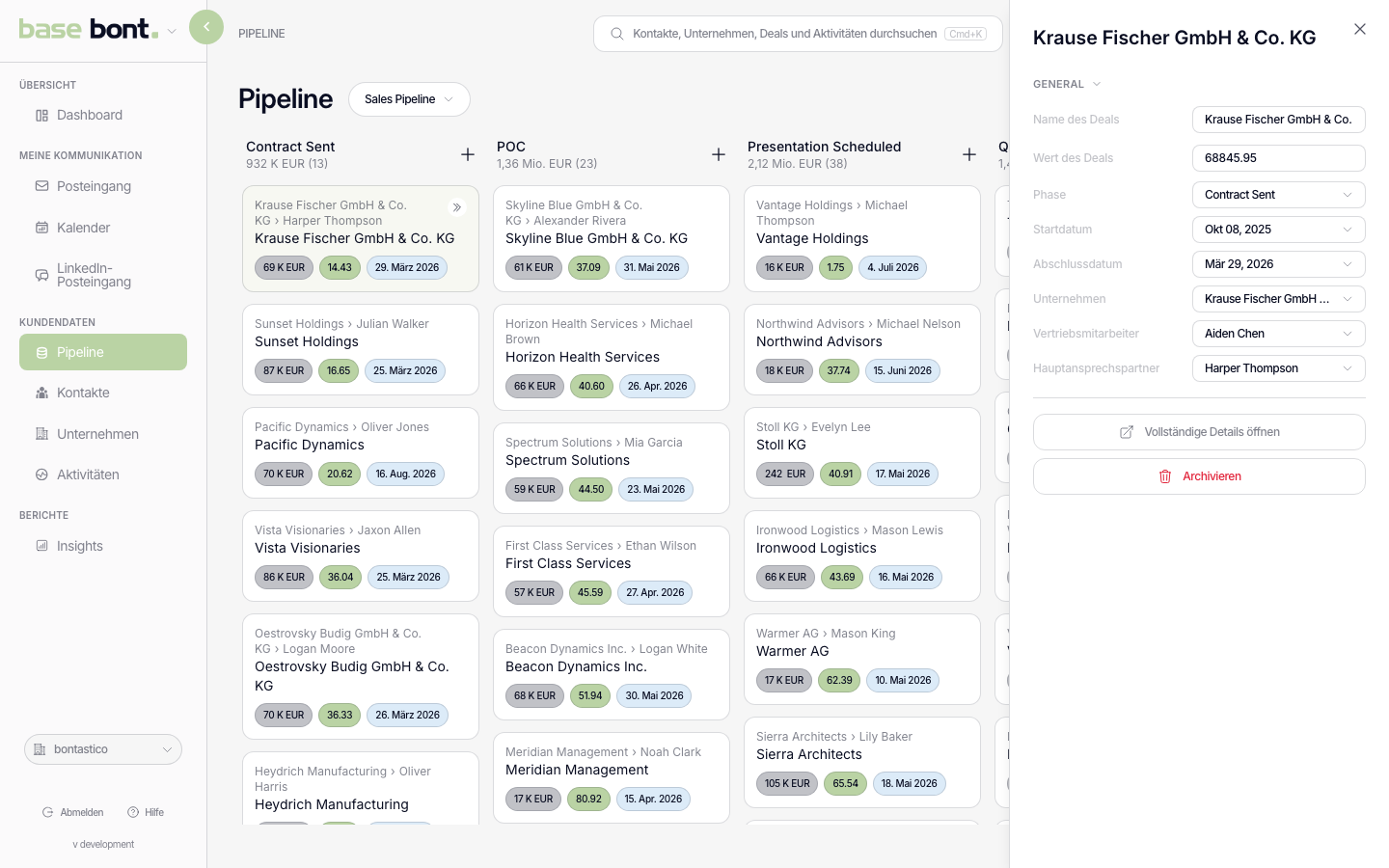 Quick-View-Schublade rechts neben dem Pipeline-Board mit den Kopf-Feldern des Deals und einem Open-details-Button