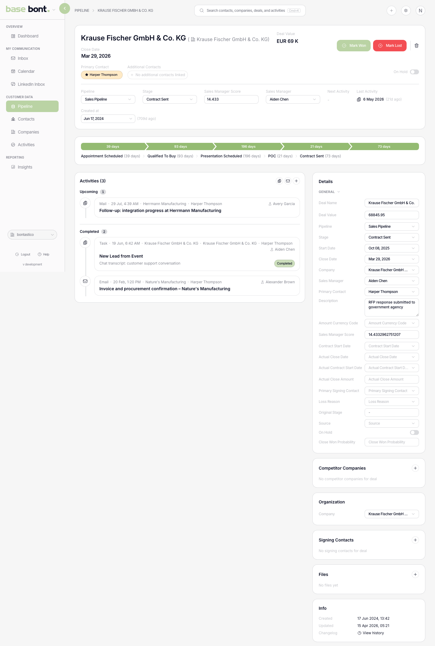 Deal detail page with header, stage progression timeline and activities feed on the left, plus deal/products, organisation, signing contacts, files and metadata cards on the right