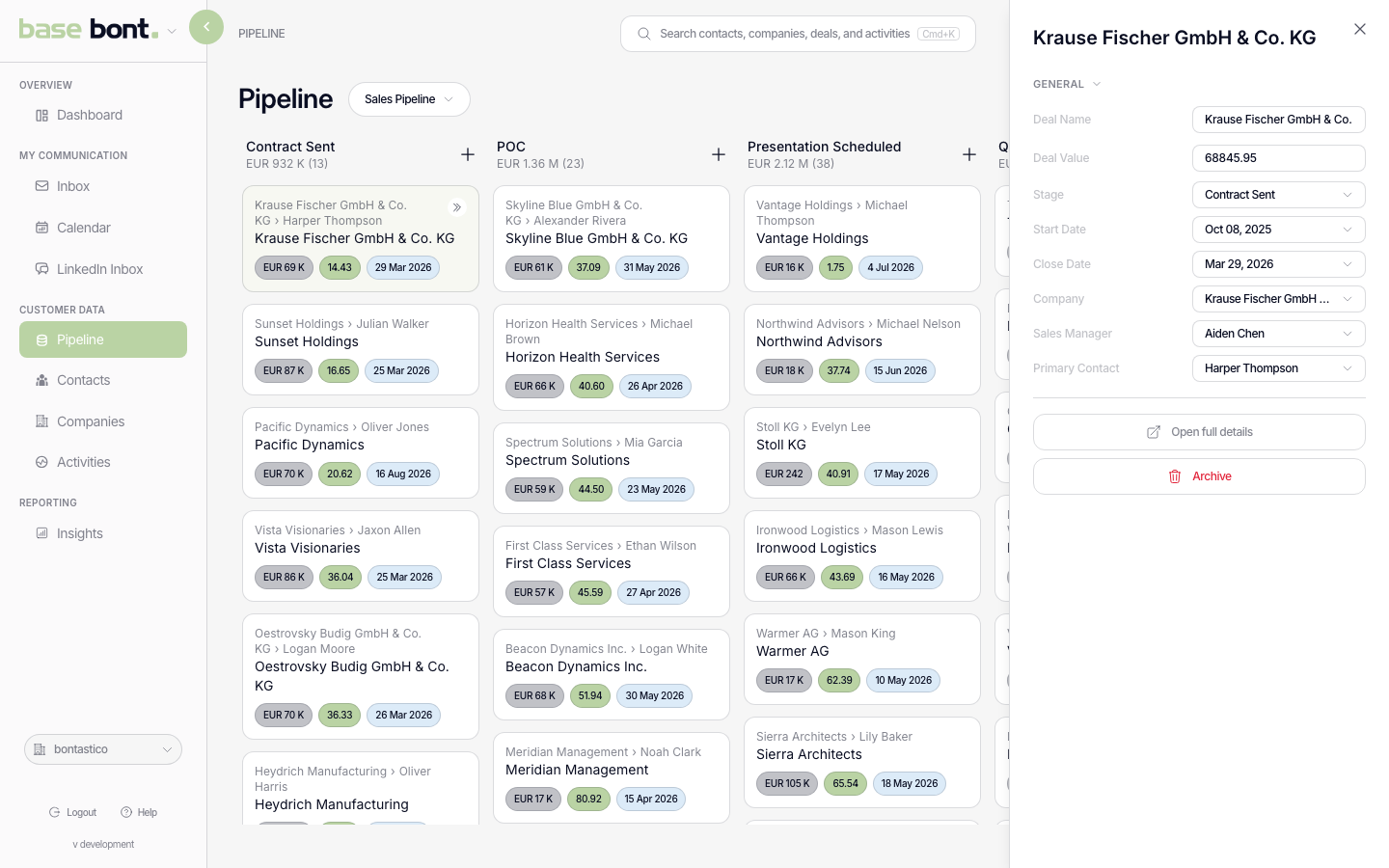 Quick-view drawer on the right side of the pipeline board with the deal's headline fields and an Open details button
