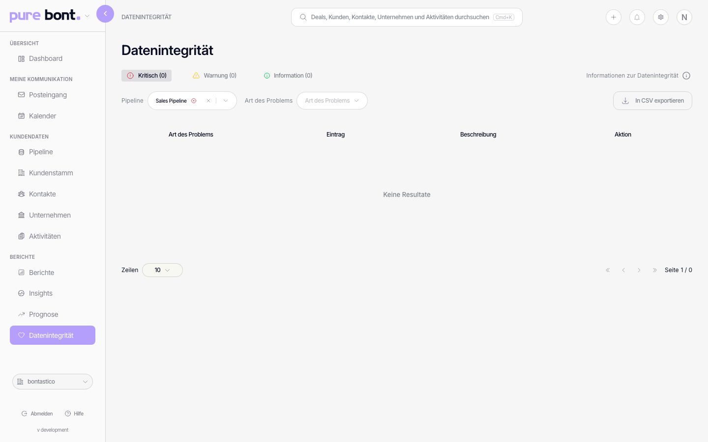 pure-bont-Data-Health mit Gesamt-Score, Sub-Scores pro Check und Anzahl markierter Datensätze