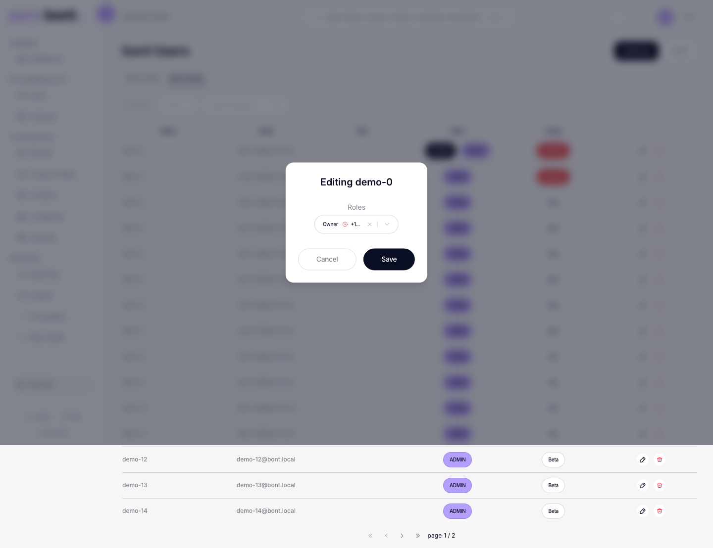 Edit member dialog with the role dropdown open and Owner / Admin / Member options