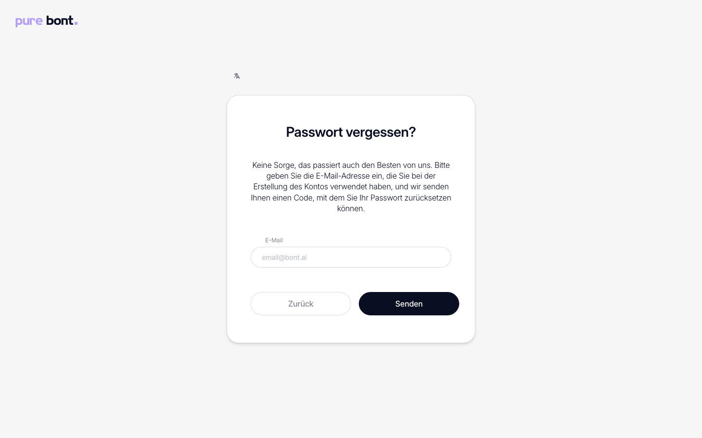 Passwort-vergessen-Maske mit einem Email-Feld und einem Senden-Button