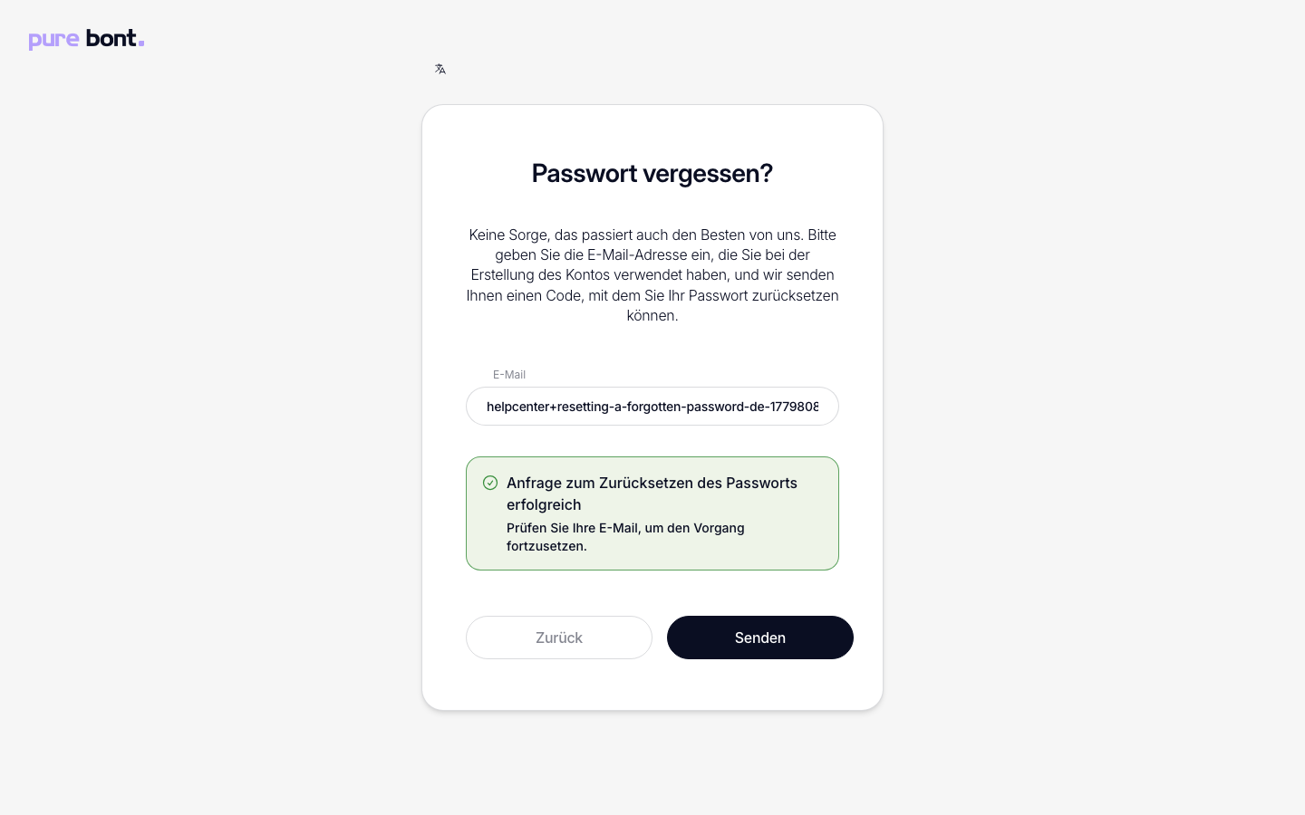 Bestätigungs-Hinweis nach der Reset-Anfrage, der zur E-Mail-Prüfung auffordert