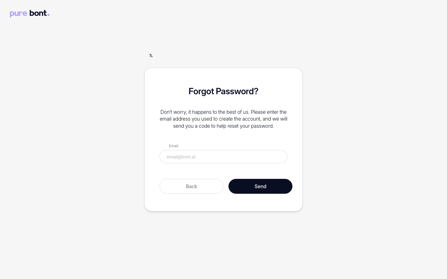 Forgot password screen with a single email field and a Send button
