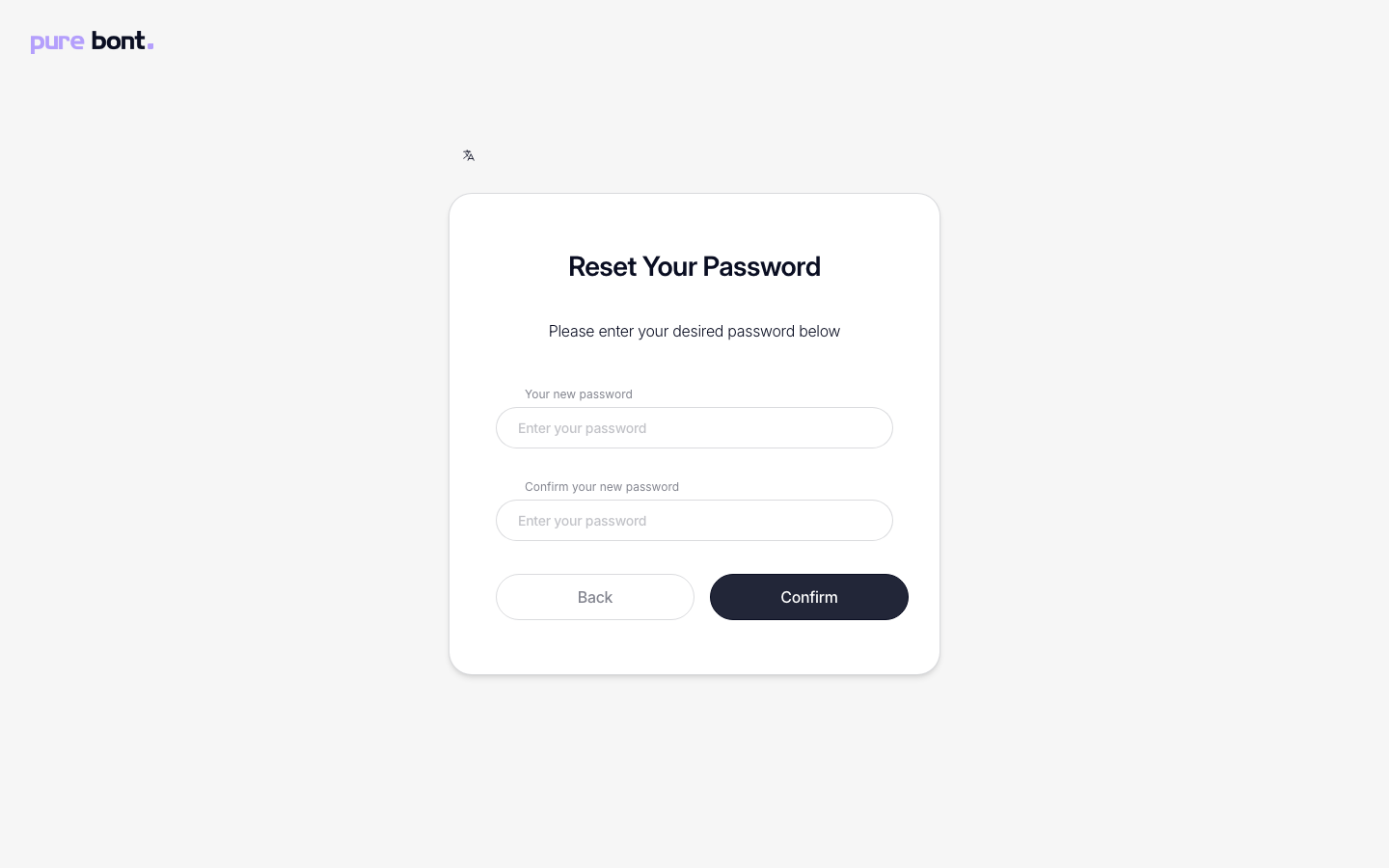 Reset password form with two new password fields and a Confirm button