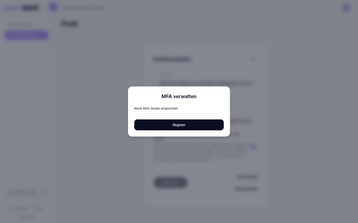 MFA-Verwalten-Dialog mit Liste der Faktoren und Registrieren-Button