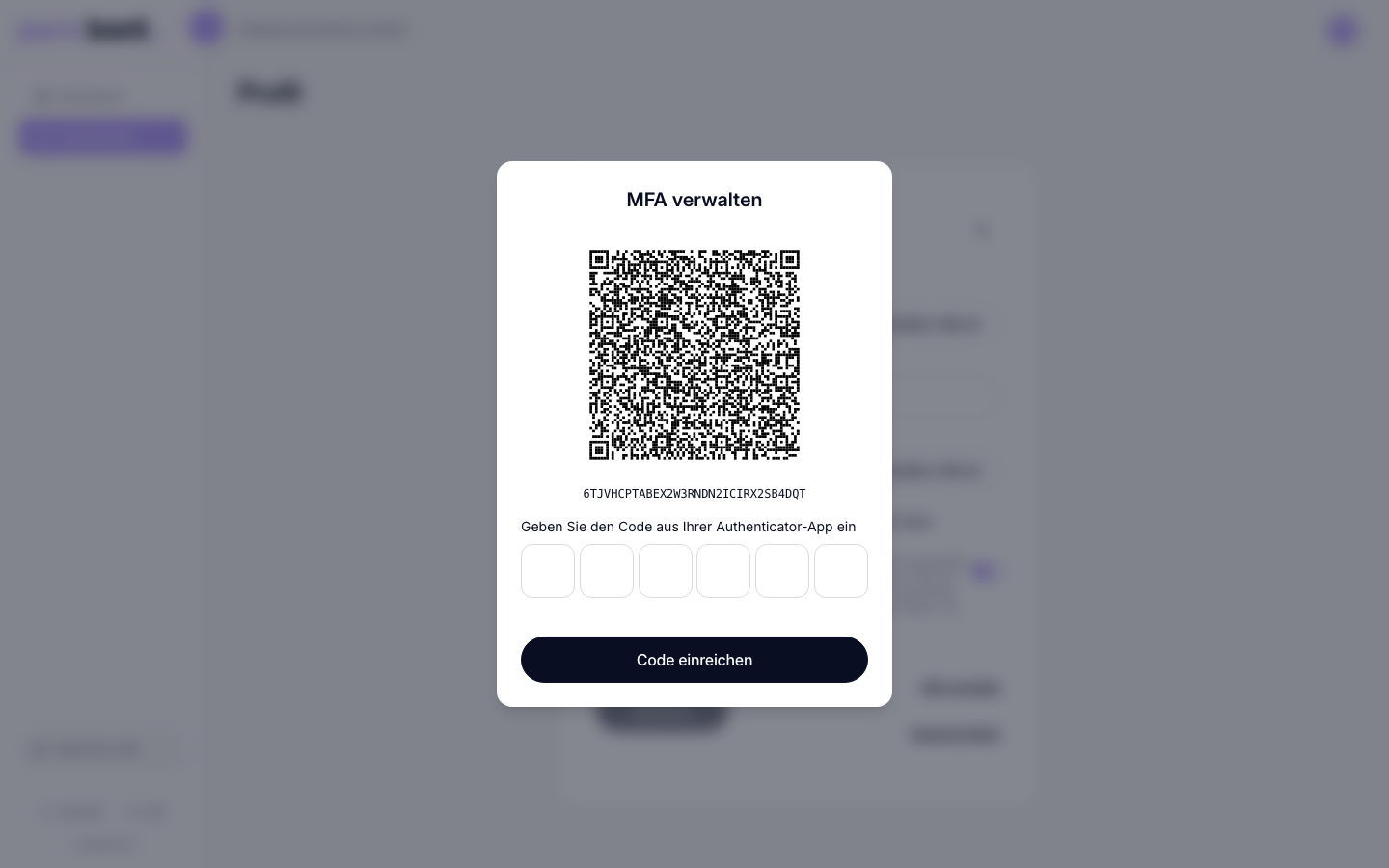TOTP-Einrichtungsbildschirm mit QR-Code und 6-stelligem Bestätigungsfeld