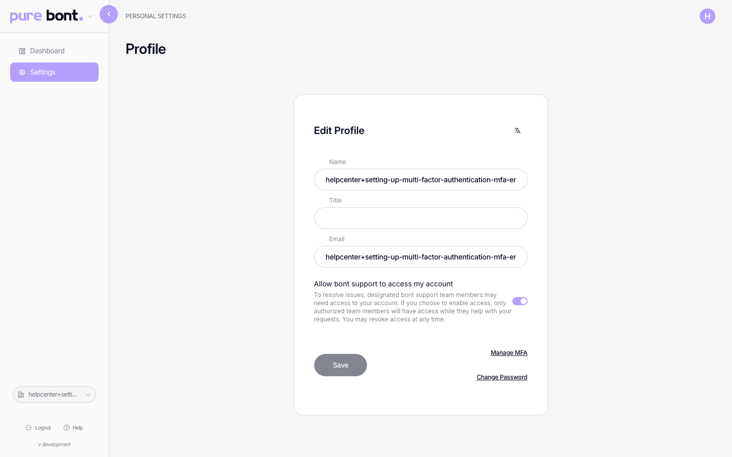 Profile settings page showing Manage MFA and Change Password buttons