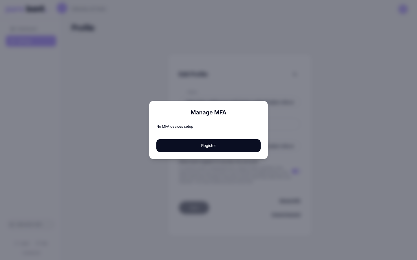 Manage MFA modal listing registered factors with a Register button