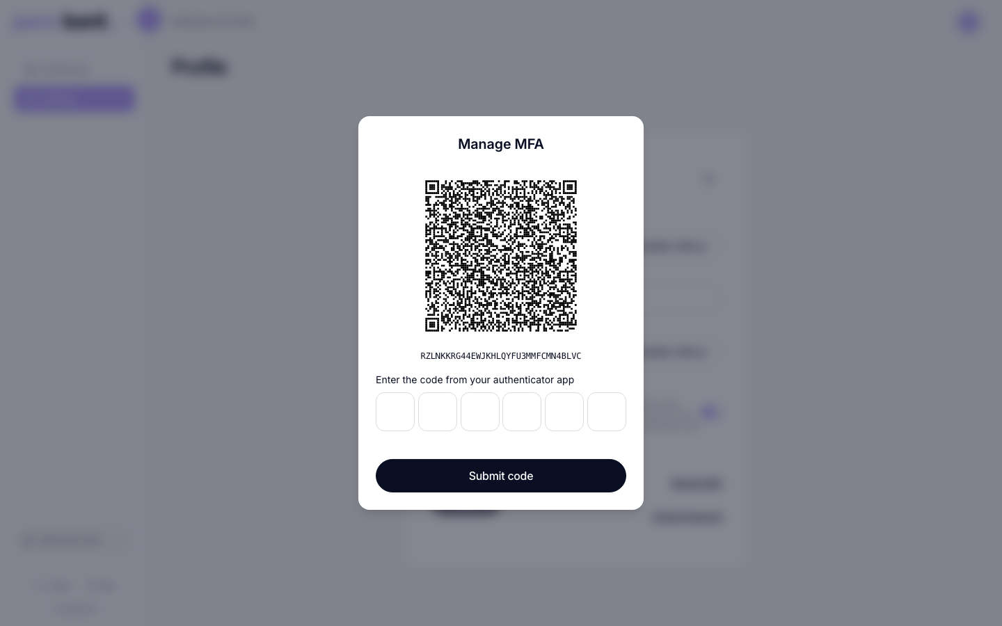 TOTP setup screen with QR code and a 6-digit verification field