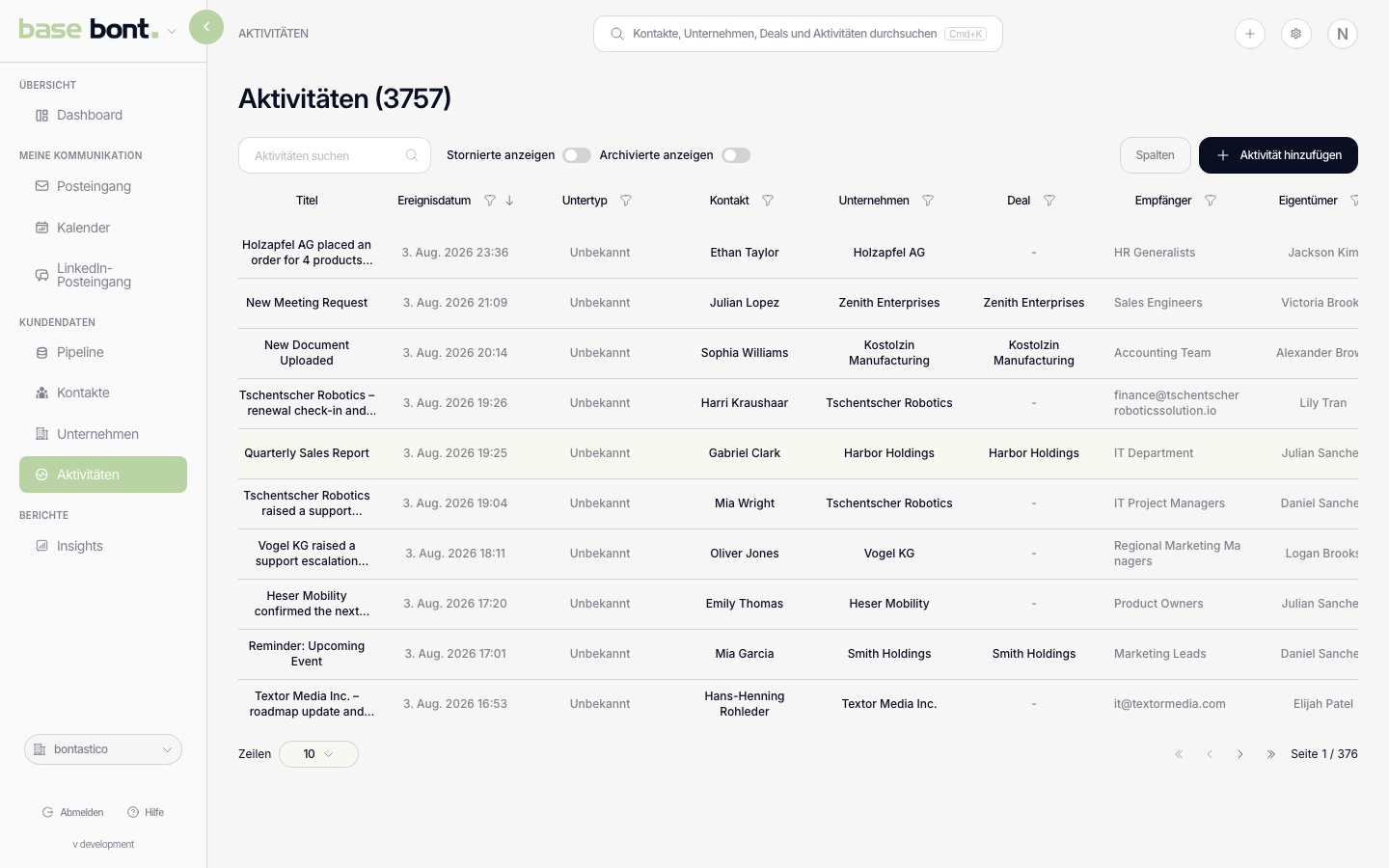 Aktivitätenliste mit Suchfeld, Filter-Chips und Tabelle mit Spalten Event, Contact, Company, Date und Status