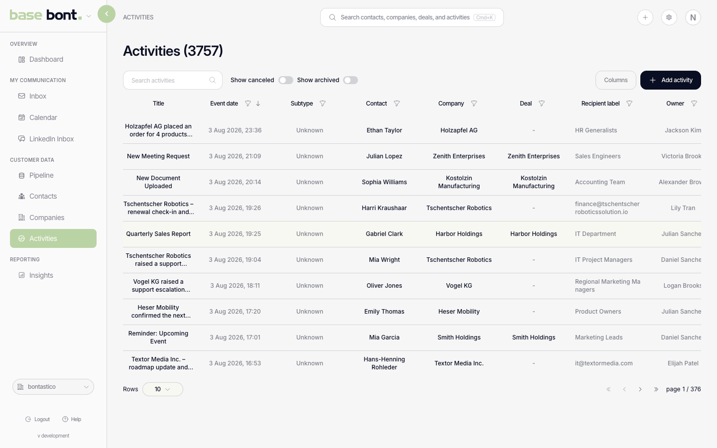 Activities list page with search input, filter chips and a table showing Event, Contact, Company, Date and Status columns