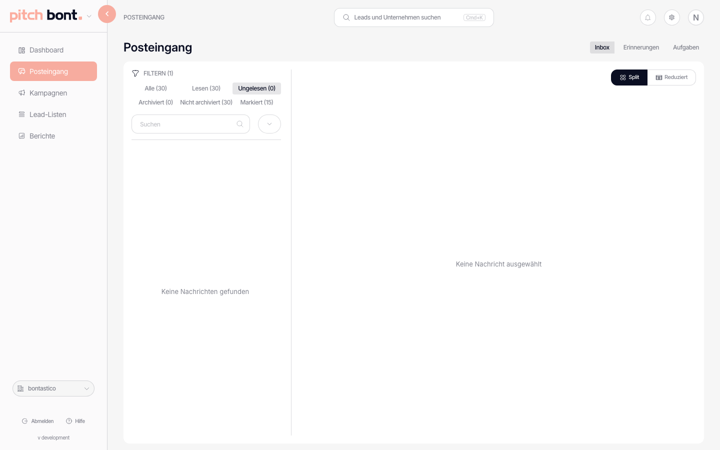 Pitch-Inbox mit nach Intent (positive, negative, out-of-office, neutral) gruppierten Replies und Reply-now-Aktion pro Zeile