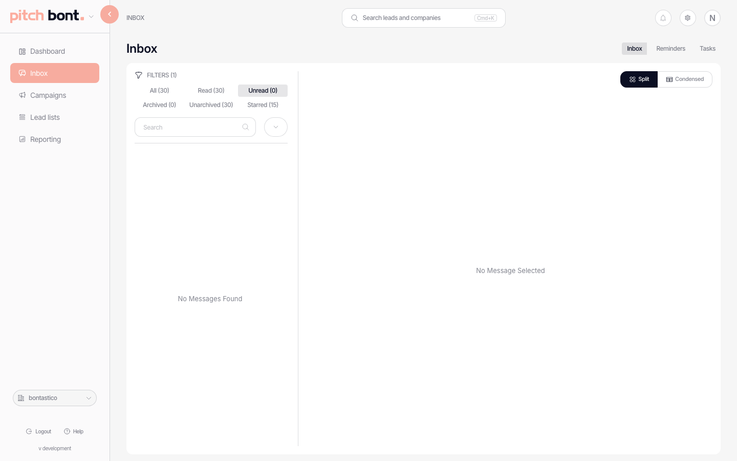 Pitch inbox with replies grouped by intent (positive, negative, out-of-office, neutral) and a Reply now action per row