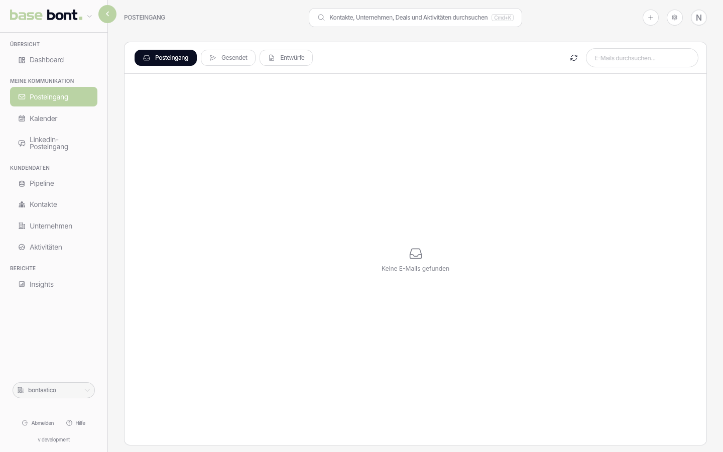 Inbox-Ansicht mit drei Tabs (Inbox, Sent, Drafts), Thread-Liste links und geöffnetem Thread rechts