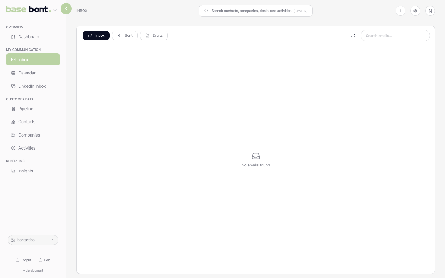 Inbox view with three tabs (Inbox, Sent, Drafts), a thread list on the left and the open thread on the right