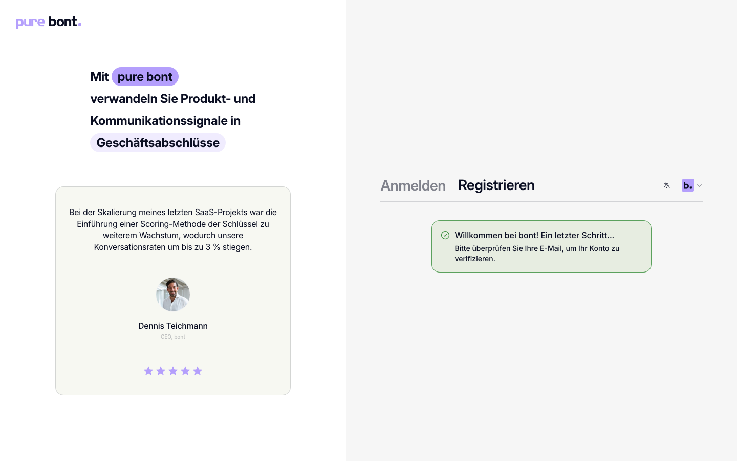 Registrieren-Tab mit Erfolgs-Hinweis, der zur E-Mail-Prüfung auffordert
