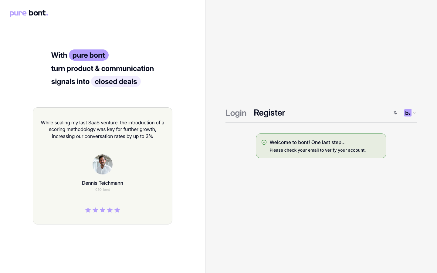 Register tab showing a success banner asking the user to check their email