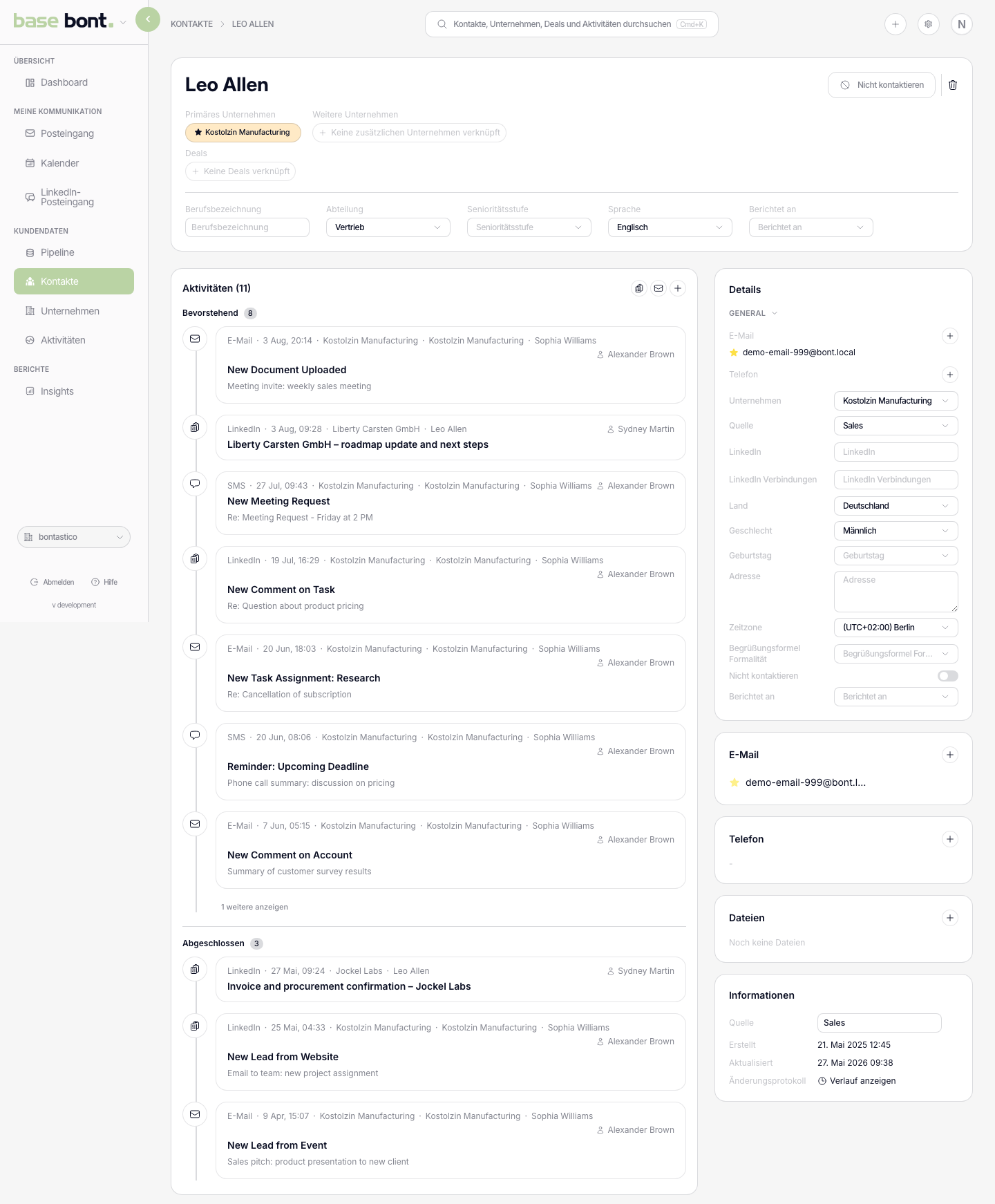 Kontakt-Detailseite mit Kopfzeile, Aktivitäten-Timeline links und Sidebar mit Details, Dateien und Metadaten rechts