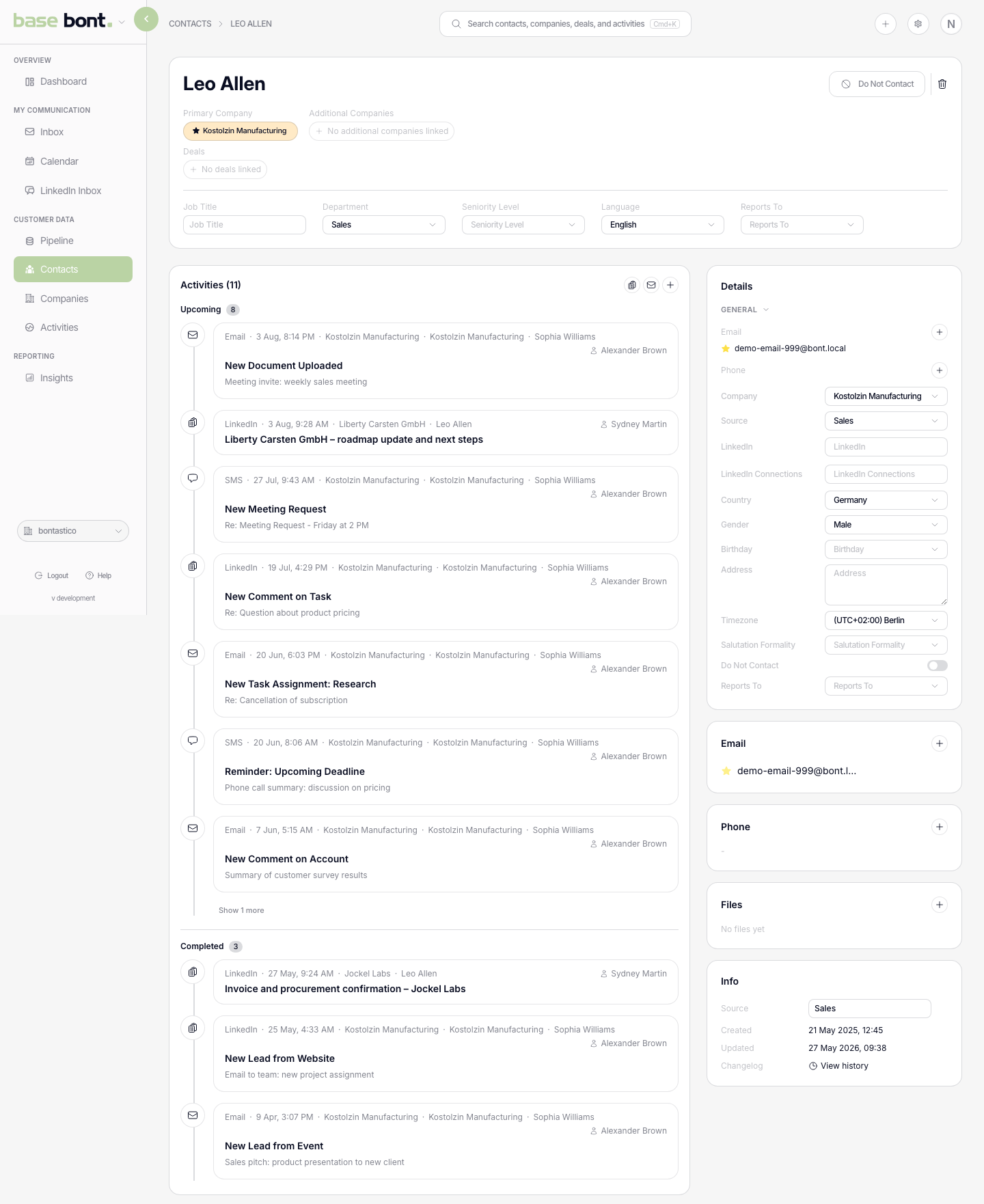 Contact detail page with header, activities timeline on the left and a sidebar with details, files and metadata on the right