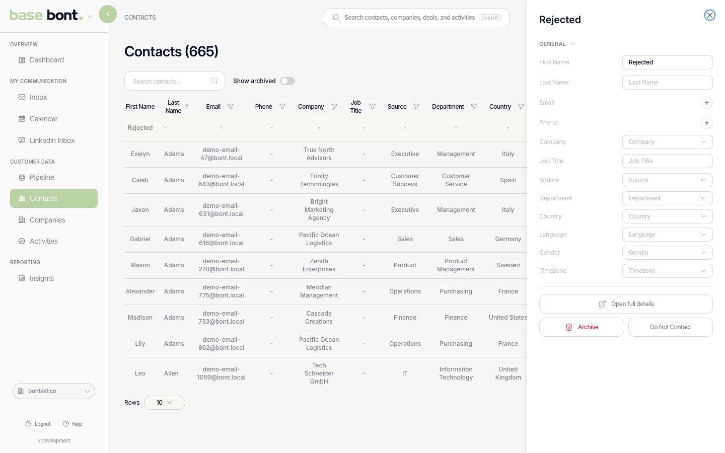 Quick-view drawer on the right side of the contacts list showing the contact's name and a compact set of fields