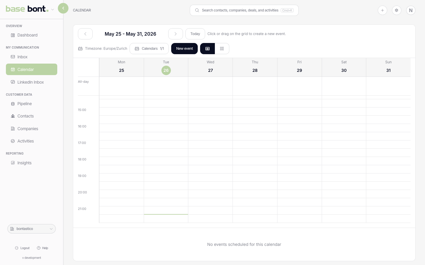 Calendar view with a week grid, day/week/month toggle and a Calendars selector to pick which sources are visible