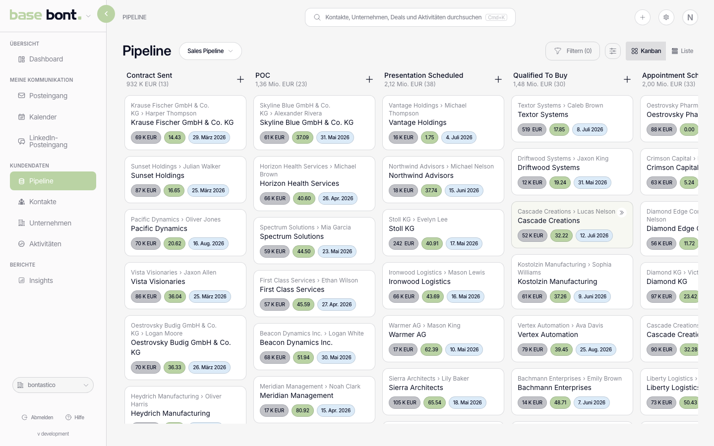 base bont-Dashboard mit der linken Navigation: Pipeline, Contacts, Companies, Activities, Inbox und Calendar