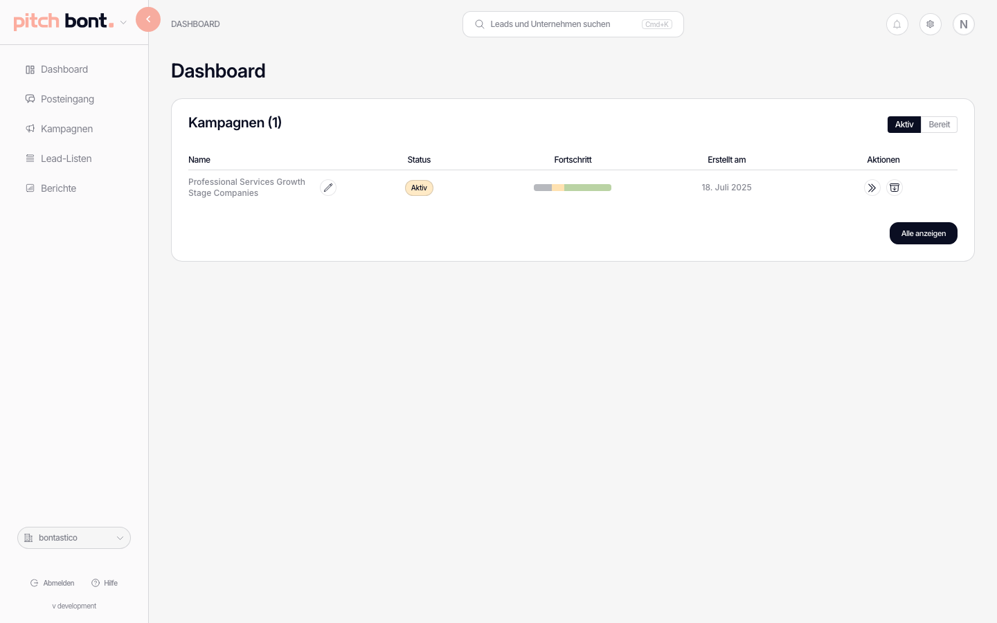 pitch-bont-Dashboard mit Kampagnenliste, Lead-Listen-Karten und Pitch-Inbox-Triage-Queue