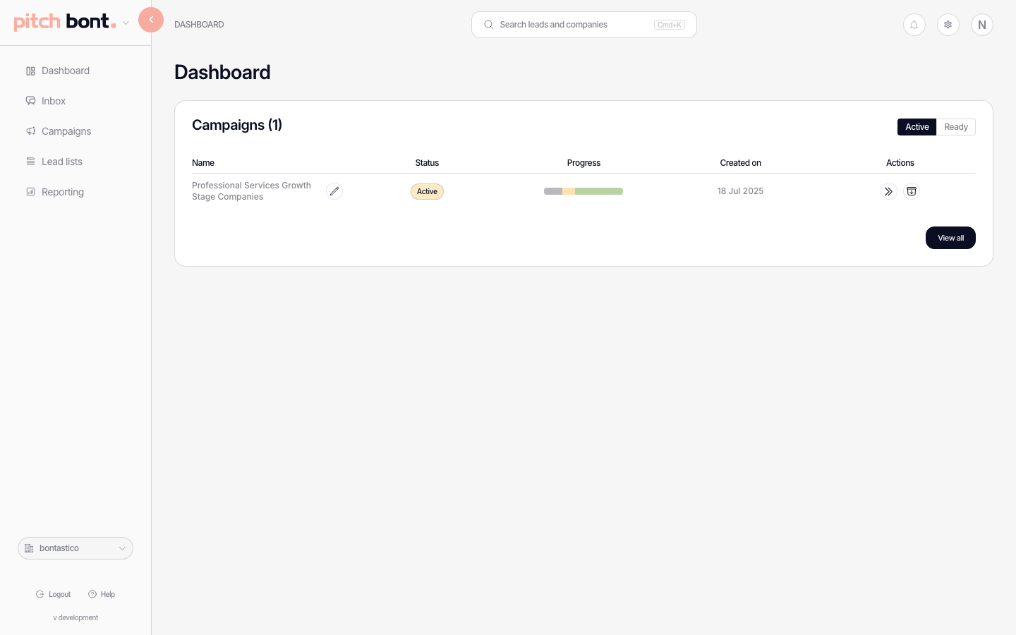 pitch bont dashboard with campaigns list, lead-list cards and the pitch inbox triage queue